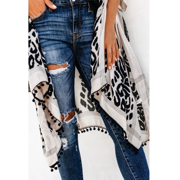 Boho Black Print Kimono, Pom Pom Trim - Picture 2 of 5
